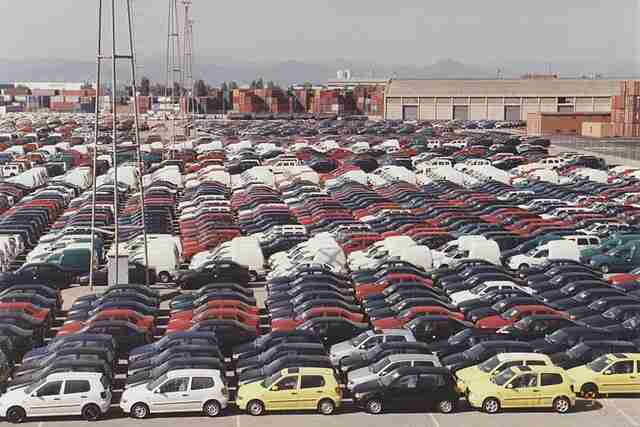 Cars parked densely on a pier in Barcelona