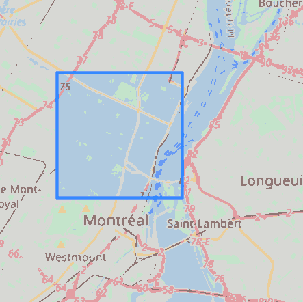 Map showing the space occupied by cars on the island of Montreal